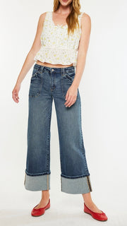 Mid Rise Patch Pkt Cuffed Wide Leg Jean