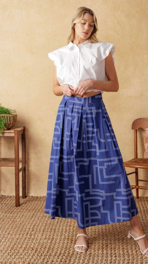 Maze Print Cotton Midi Skirt