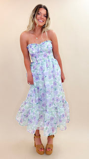 Pastel Floral Chiffon Ruffle Midi Dress