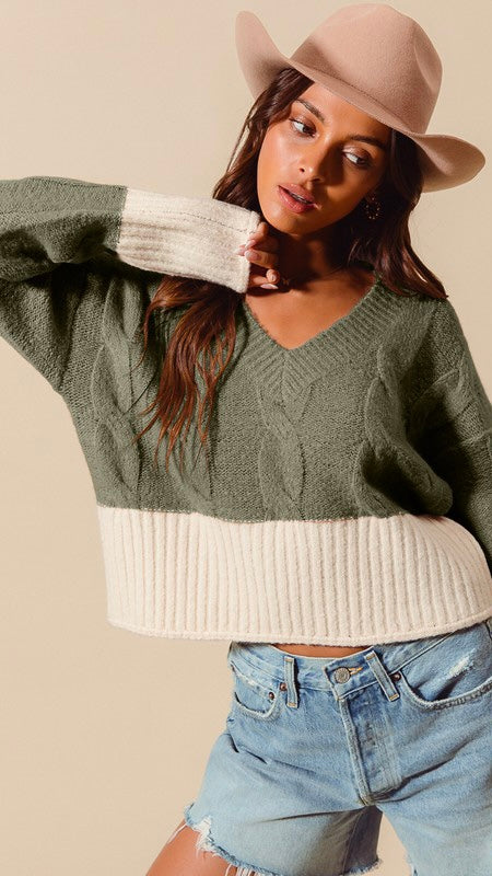 Cable Knit V-Neck Colorblock Sweater