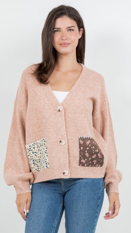 Floral Patch Pocket V-Neck Cardigan