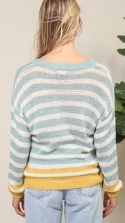 Stripe Colorblock V-Neck Lt Wt Sweater