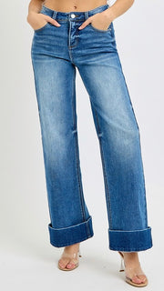 High Rise Tummy Control Cuffed Wide Leg Jean