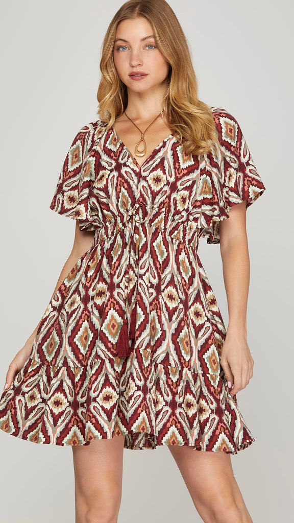 Diamond Print V-Neck Flutter Sleeve Dress