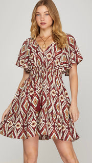 Diamond Print V-Neck Flutter Sleeve Dress