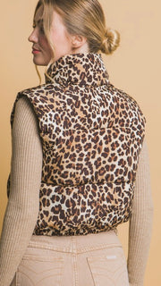 Leopard Print Puff Vest w/Pockets