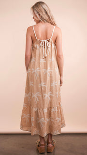 Palm Tree Embroidered Tie Midi Dress