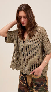 Open Weave Scallop Trim Sweater Top