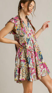 Mixed Boho Print Flutter Sleeve Dress
