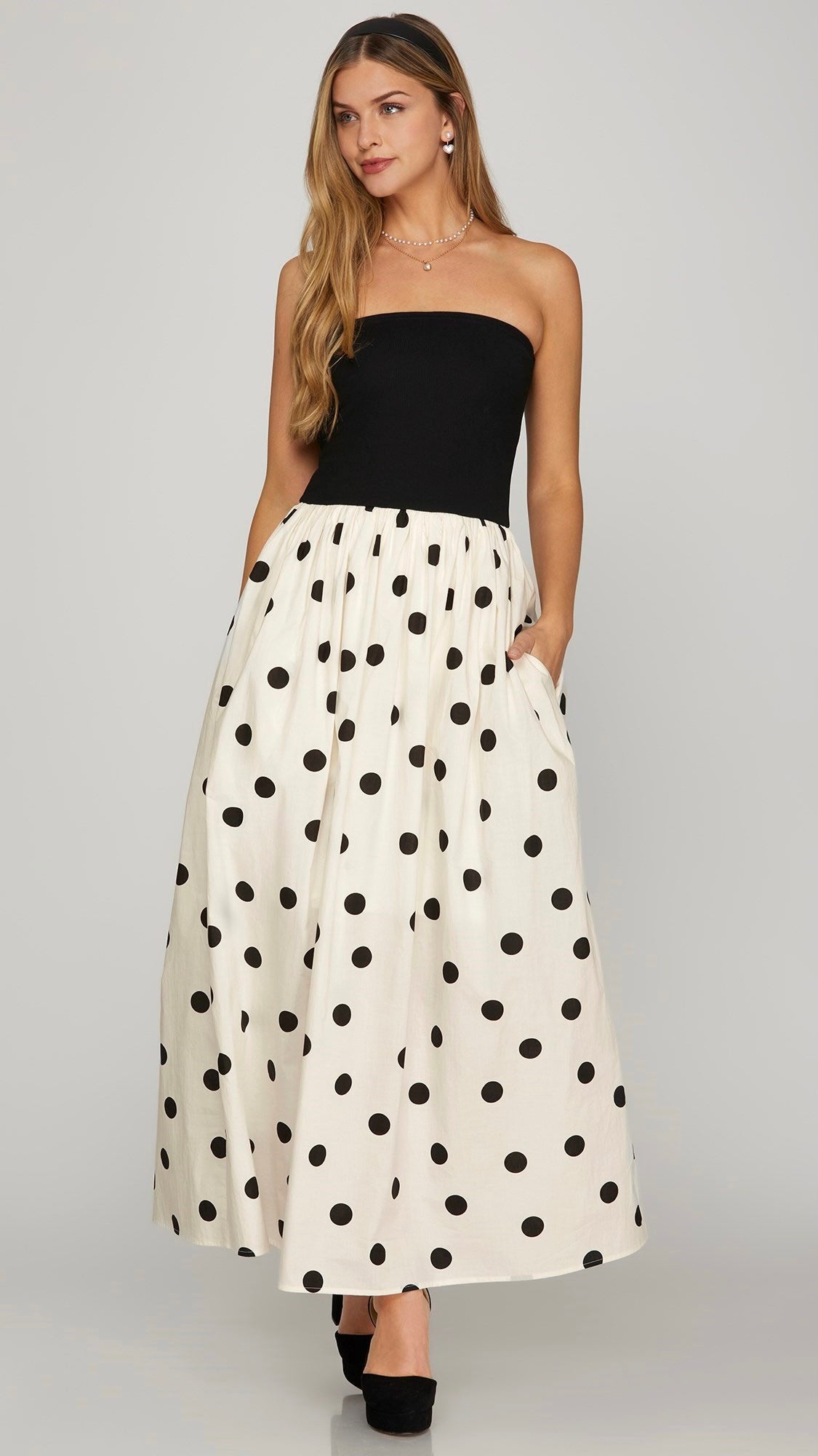 Polka Dot Knit+Woven Strapless Midi Dress | Catfish & Tater Boutique Polka Dot Knit+Woven Strapless Midi Dress | Catfish & Tater Boutique