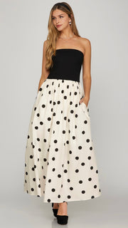 Polka Dot Knit+Woven Strapless Midi Dress