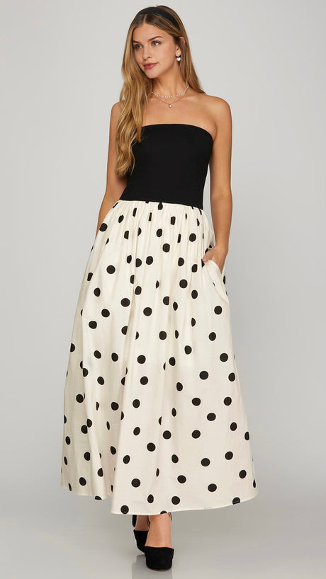 Polka Dot Knit+Woven Strapless Midi Dress