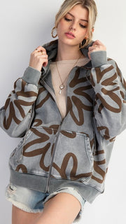 Jumbo Daisy Print Zip Hooded Sweatshirt