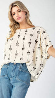 Bow Print Elastic Cuff Slouch Top