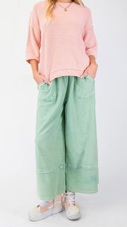 Reverse Terry Frayed Trim Wide Leg Pants