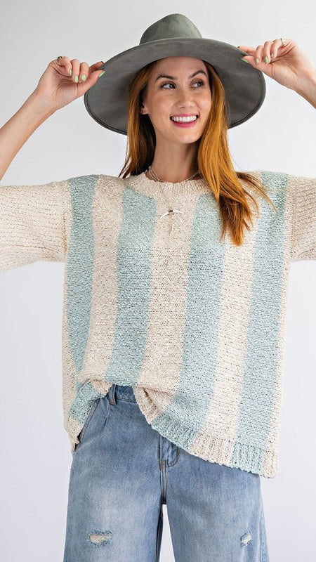 Vertical Stripe Short Sleeve Sweater