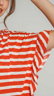 Striped Raw Edge Ruffle Sleeve Top