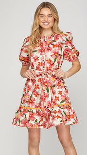 Floral Puff Sleeve Tie Waist Dress