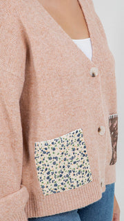 Floral Patch Pocket V-Neck Cardigan