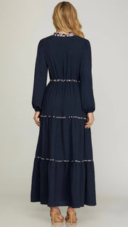 Printed Trim Long Sleeve Maxi Dress