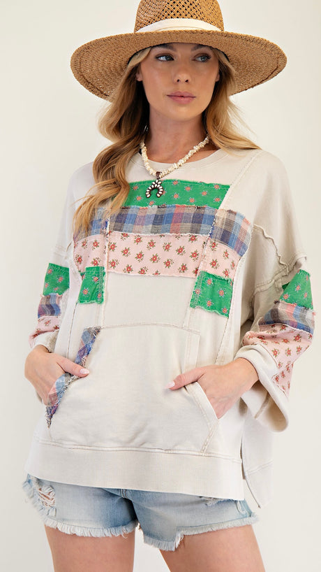 Patchwork 3/4 Sleeve Pullover Top