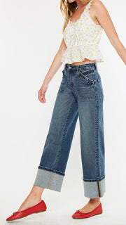 Mid Rise Patch Pkt Cuffed Wide Leg Jean