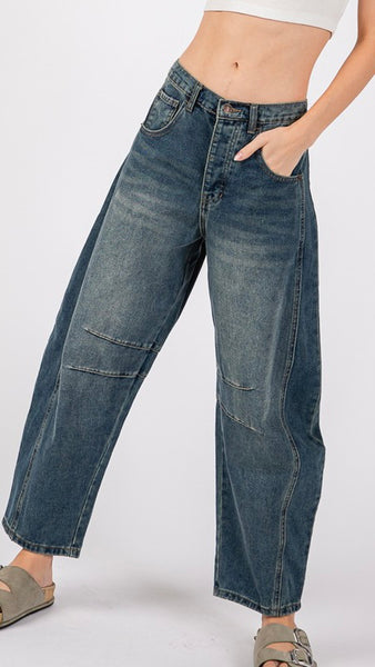 Dark Wash Barrel Leg Jean