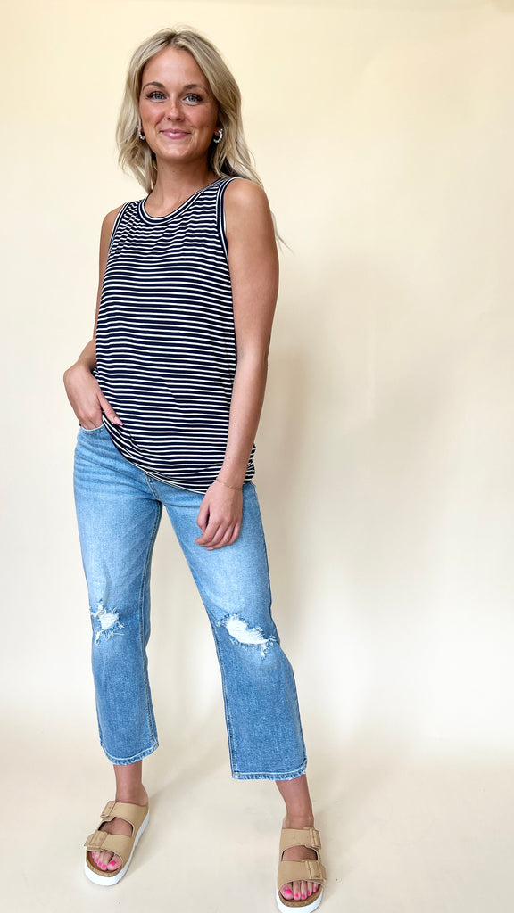 Round Neck Stripe Knit Tank Top