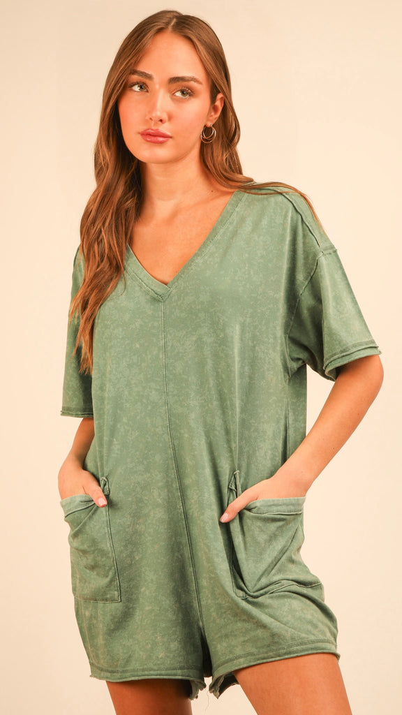 Mineral Wash V-Neck Knit Romper w/Pkts