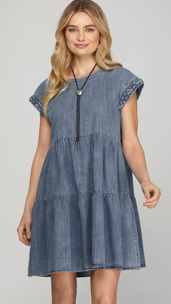Braided Trim Cap Slv Denim Dress