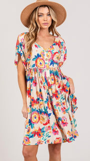 Bold Floral Babydoll Dress w/Pockets