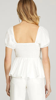 Lace Trim V-Neck Puff Sleeve Top