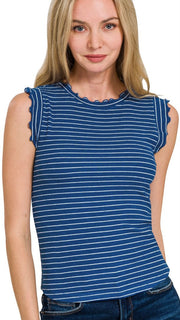 Stripe Rib Knit Ruffle Shoulder Top