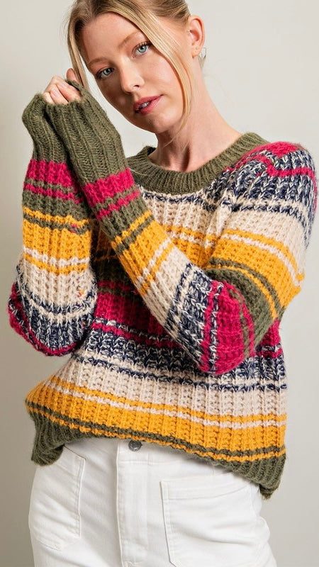 Multi-Color Stripe Crew Neck Sweater