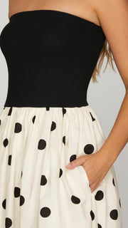 Polka Dot Knit+Woven Strapless Midi Dress