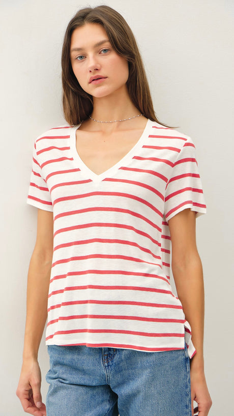 Step Hem V-Neck Stripe Tee