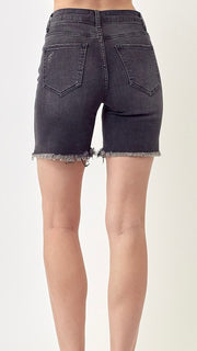 High Rise Destructed Washed Denim Shorts