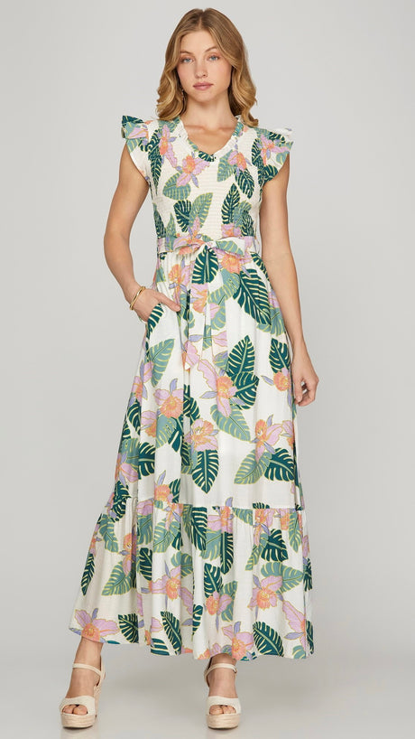 Tropical Smocked Bodice Maxi Dress