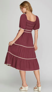 Smocked Bodice Contrast Midi Dress