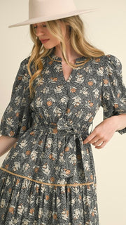 Floral Bubble Sleeve Tie Waist Midi Dress