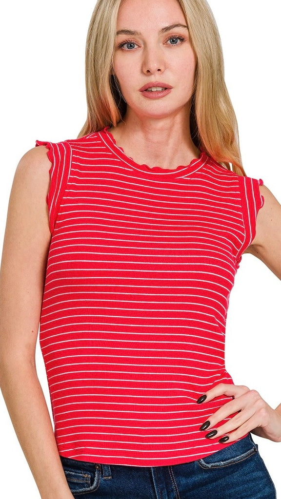 Stripe Rib Knit Ruffle Shoulder Top