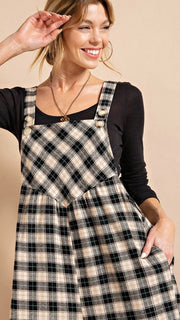 Brushed Plaid Wide Leg Overall Jumpsuit