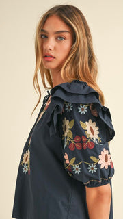 Embroidered Puff Sleeve Woven Top