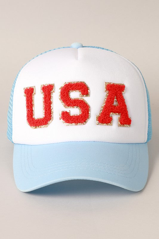 USA Glitter Chenille Puffy Trucker Hat