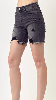 High Rise Destructed Washed Denim Shorts