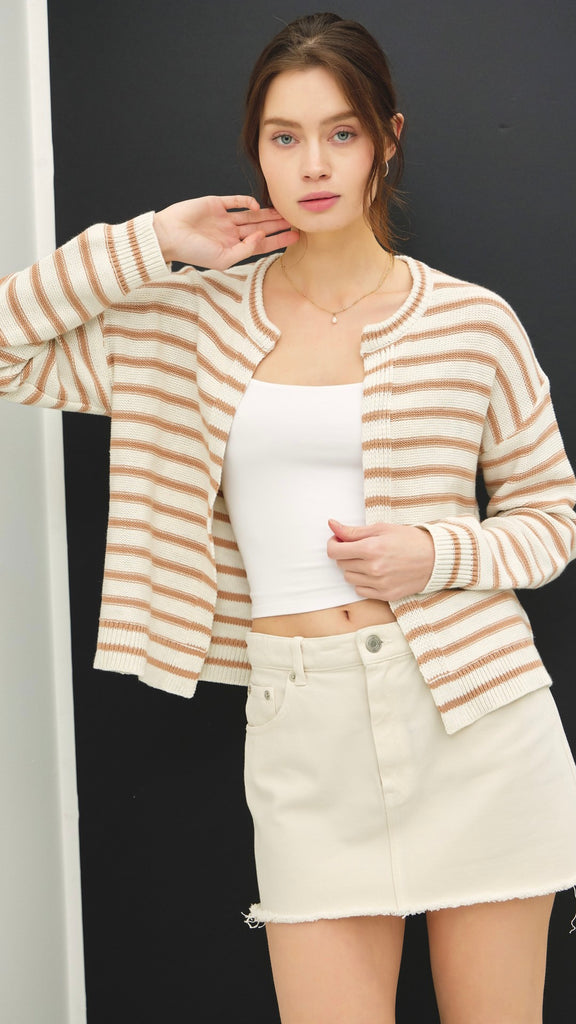 Stripe Open Front Cotton Blend Cardigan