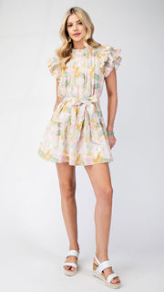 Botanical Floral Pleated Bib Dress