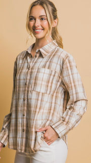 Lt Plaid Flannel Button Front Top