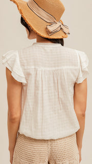 Grid Pattern Ruffle Trim Top