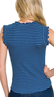 Stripe Rib Knit Ruffle Shoulder Top